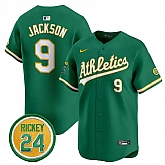 Men's Oakland Athletics #9 Reggie Jackson Green 2024 Limited With Rickey Henderson Patch Stitched Jersey Dzhi,baseball caps,new era cap wholesale,wholesale hats